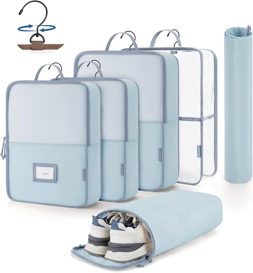 BAGSMART Hanging Packing Cubes for Travel, 6 Set Clear Waterproof Packing Cubes for Suitcases, Storage Organizer for Hanging Closet with Zipper, Handles and Hook Sky Blue