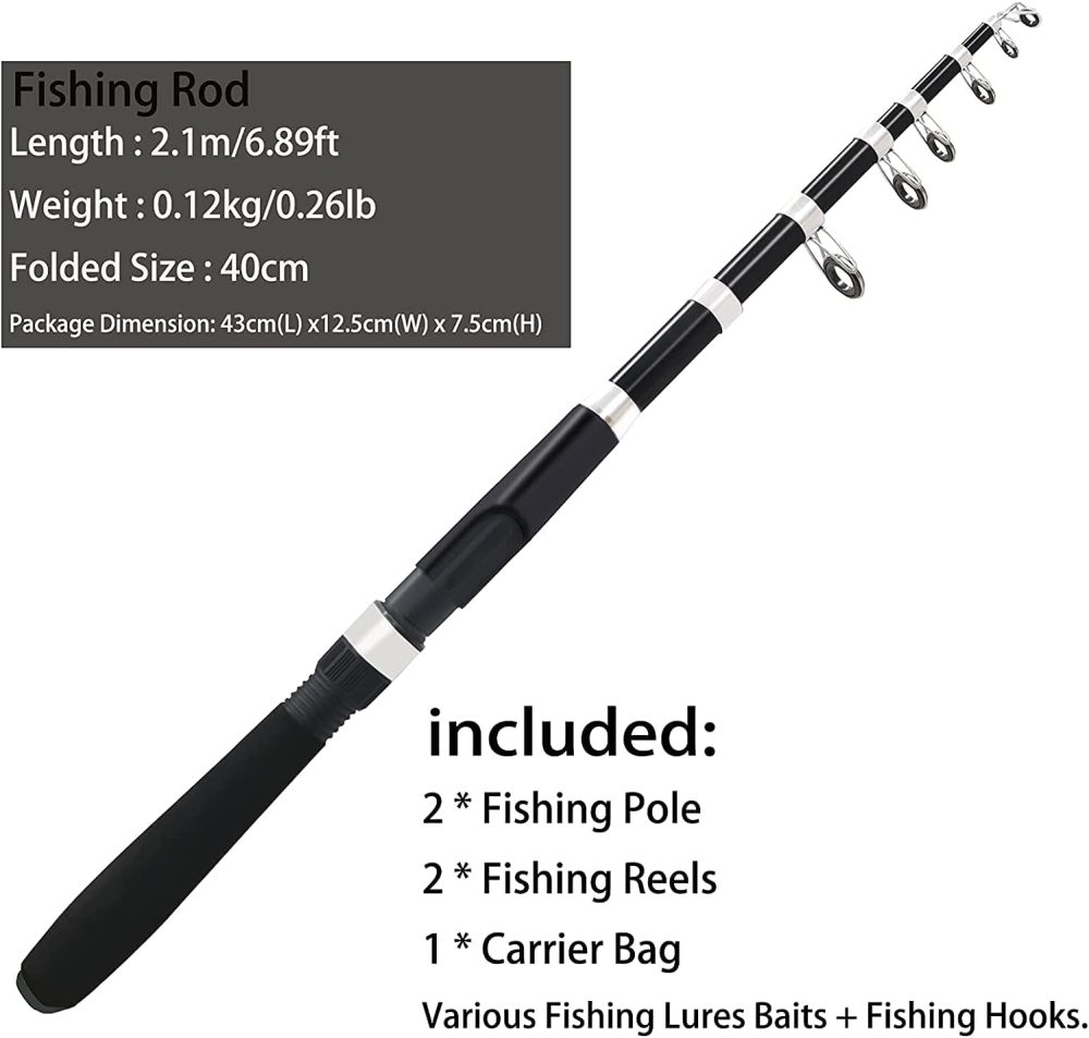 Fishing Pole Combo Set,2.1m/6.89ft 2PCS Collapsible Rods 2PCS Spinning Reels Lures Set Carrier Bag Carbon Fiber Telescopic Fishing Rods Sea Saltwater Freshwater Kit Fishing Rod Reel Combos - Image 6